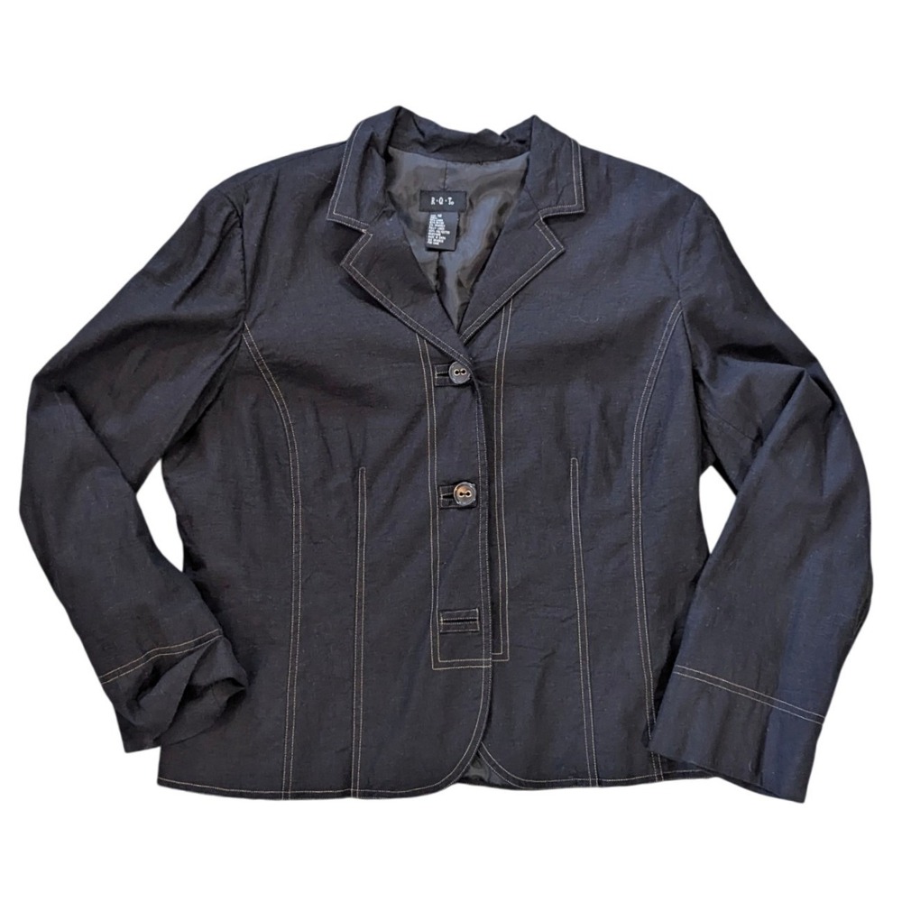 R.Q.T.‎ Blazer Women 18 Black Contrast Stitch Linen Blend Workwear Y2K Jacket
